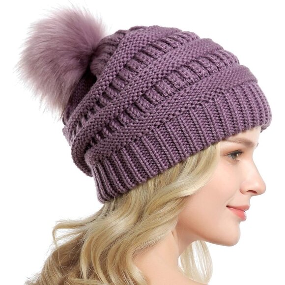Women Purple Soft Acrylic Thick Baggy Knit Winter Faux Fur Pompom Beanie - Picture 4 of 6